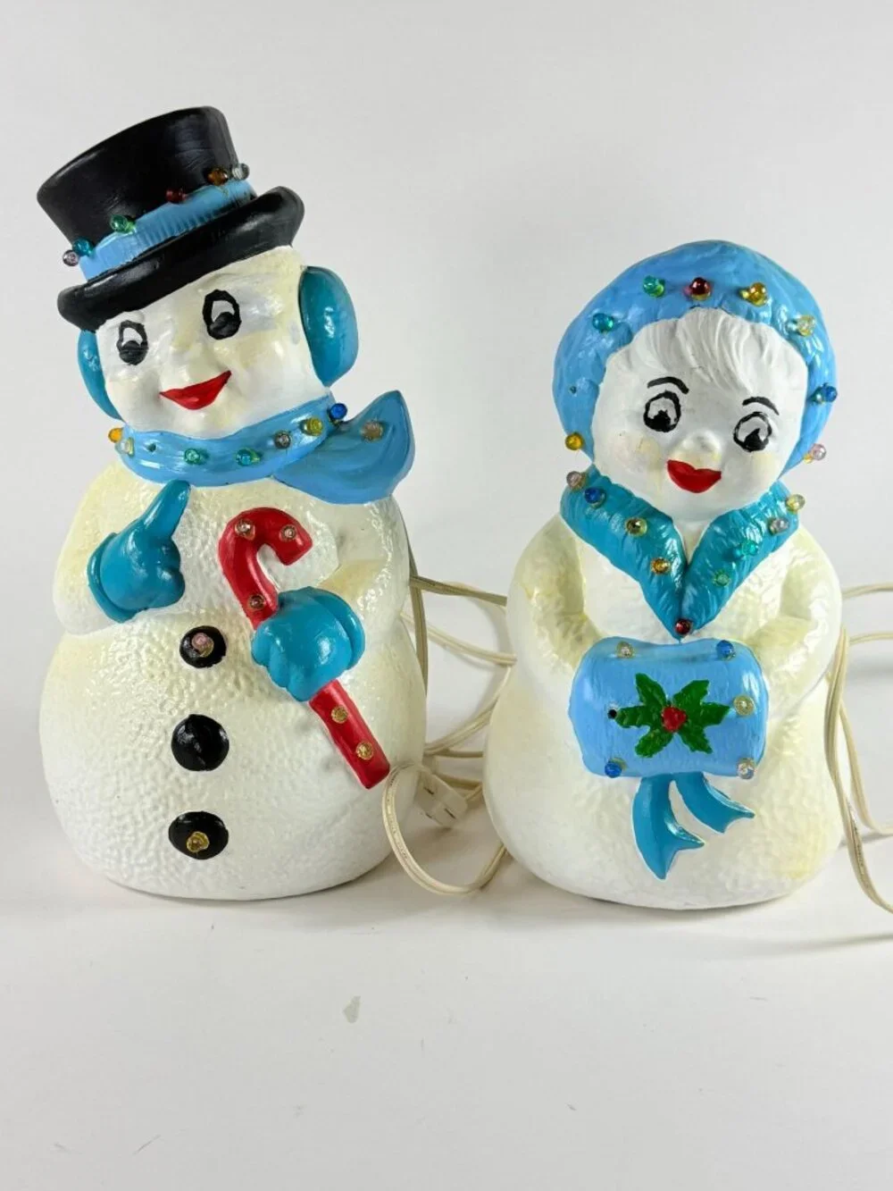 Vintage 90's Hand Painted Ceramic Mr & Mrs Snowman Light Up Holiday Decor